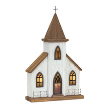 Load image into Gallery viewer, Lighted Natural Wooden Church Display with Rustic Metal Accents 17.5&quot;H
