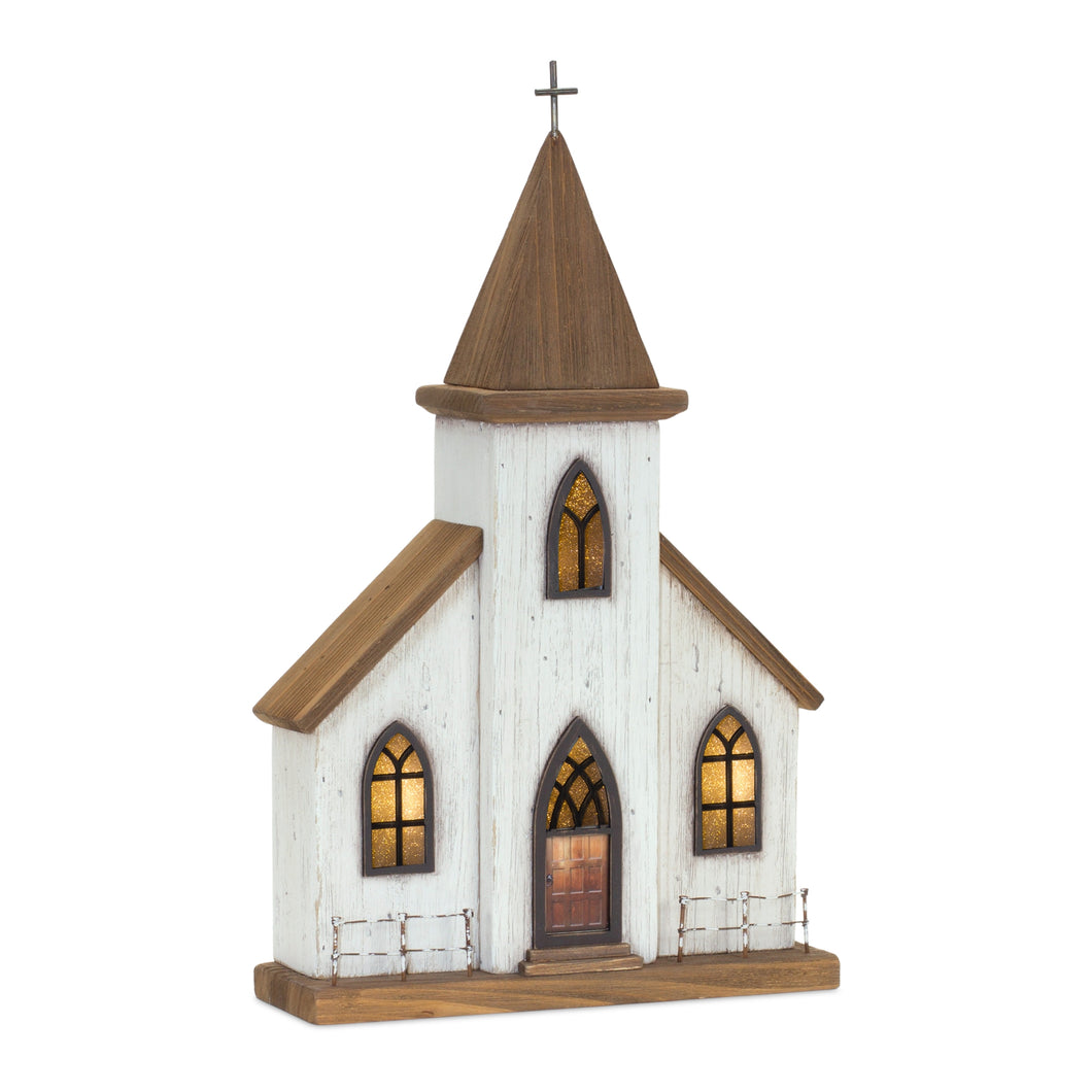 Lighted Natural Wooden Church Display with Rustic Metal Accents 17.5