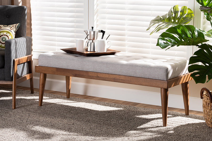 Baxton Studio Linus Mid-Century Modern Greyish Beige Fabric Upholstered and Button Tufted Wood Bench