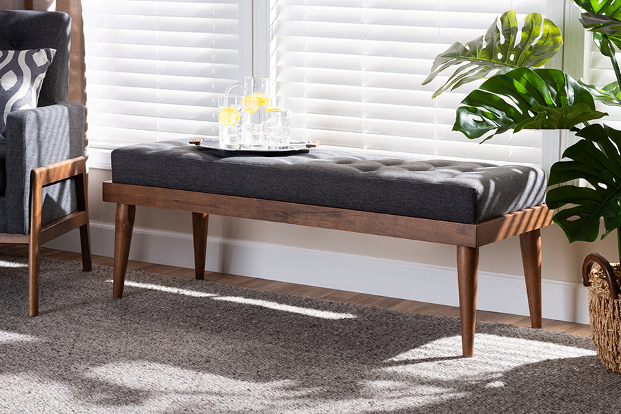 Baxton Studio Linus Mid-Century Modern Dark Grey Fabric Upholstered and Button Tufted Wood Bench