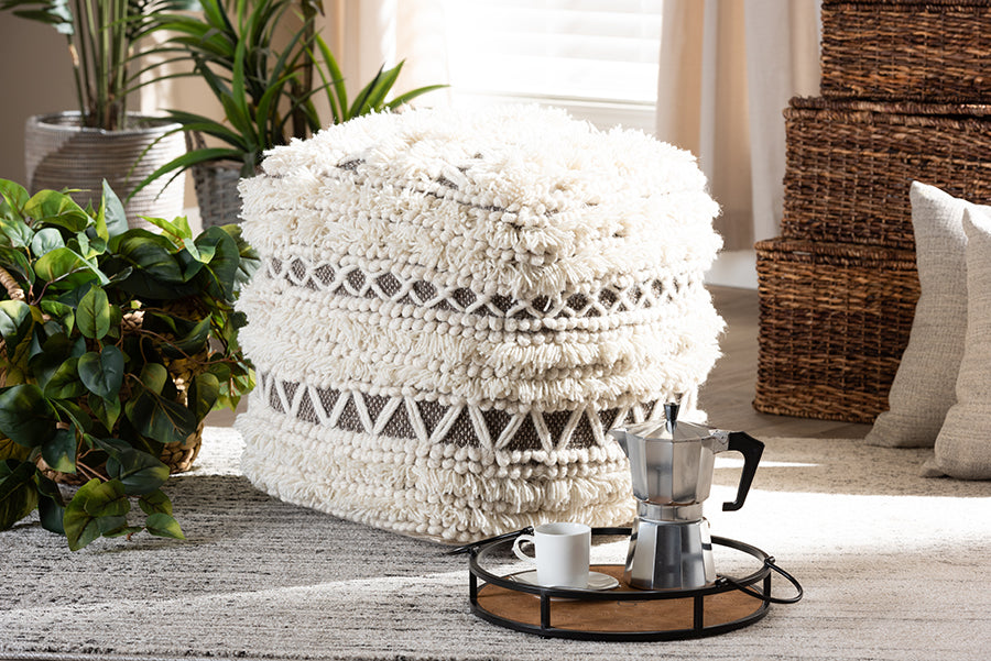 Baxton Studio Vesey Moroccan Inspired Beige and Brown Handwoven Wool Pouf Ottoman