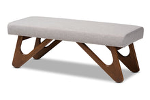 Load image into Gallery viewer, Baxton Studio Rika Mid-Century Modern Greyish Beige Fabric Upholstered Walnut Brown Finished Boomerang Bench
