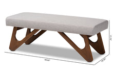 Load image into Gallery viewer, Baxton Studio Rika Mid-Century Modern Greyish Beige Fabric Upholstered Walnut Brown Finished Boomerang Bench
