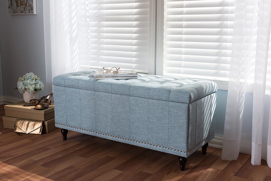 Baxton Studio Kaylee Modern Classic Light Blue Fabric Upholstered Button-Tufting Storage Ottoman Bench