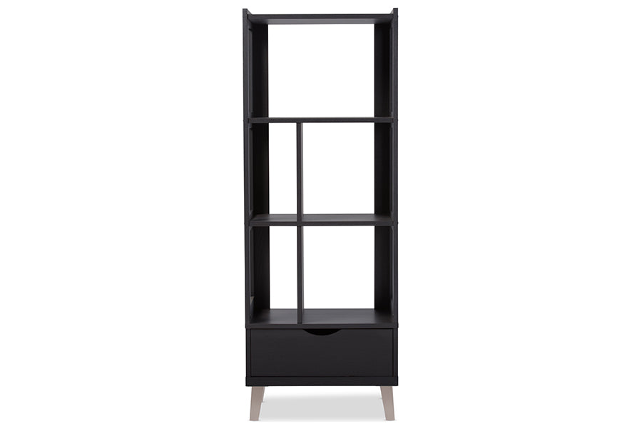 Baxton Studio Kalien Modern and Contemporary Dark Brown Wood Leaning Bookcase with Display Shelves and One Drawer