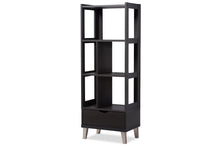 Load image into Gallery viewer, Baxton Studio Kalien Modern and Contemporary Dark Brown Wood Leaning Bookcase with Display Shelves and One Drawer
