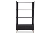 Load image into Gallery viewer, Baxton Studio Kalien Modern and Contemporary Dark Brown Wood Leaning Bookcase with Display Shelves and Two Drawers
