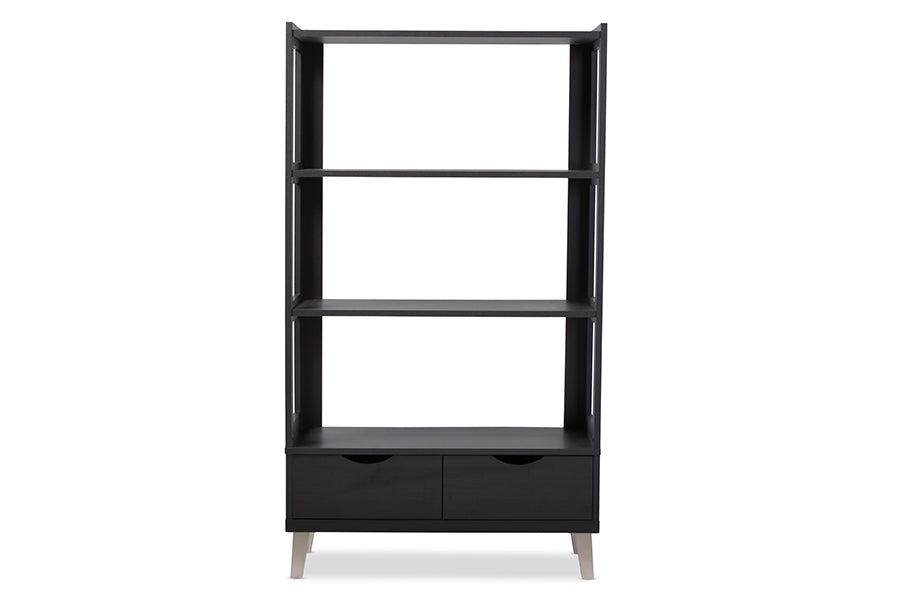 Baxton Studio Kalien Modern and Contemporary Dark Brown Wood Leaning Bookcase with Display Shelves and Two Drawers