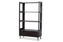 Load image into Gallery viewer, Baxton Studio Kalien Modern and Contemporary Dark Brown Wood Leaning Bookcase with Display Shelves and Two Drawers
