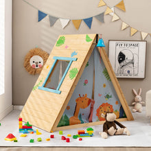 Load image into Gallery viewer, 2-in-1 Wooden Kids Triangle Playhouse with Climbing Wall and Front Bell
