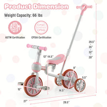 Load image into Gallery viewer, 4-in-1 Kids Trike Bike with Adjustable Parent Push Handle and Seat Height-Pink
