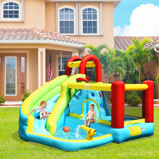 6-in-1 Inflatable Bounce House with Climbing Wall and Basketball Hoop with Blower