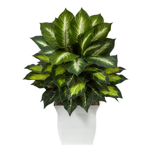 2'Golden Dieffenbachia Artificial Plant in White Metal Planter