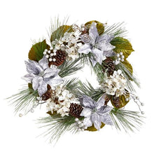 Load image into Gallery viewer, 24&quot; Silver Poinsettia, Hydrangea and Pinecones Artificial Christmas Wreath
