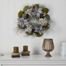 Load image into Gallery viewer, 24&quot; Silver Poinsettia, Hydrangea and Pinecones Artificial Christmas Wreath
