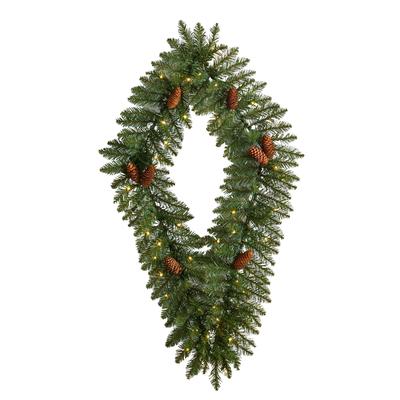 3' Holiday Christmas Geometric Diamond Wreath with Pinecones and 50 Warm White LED Lights