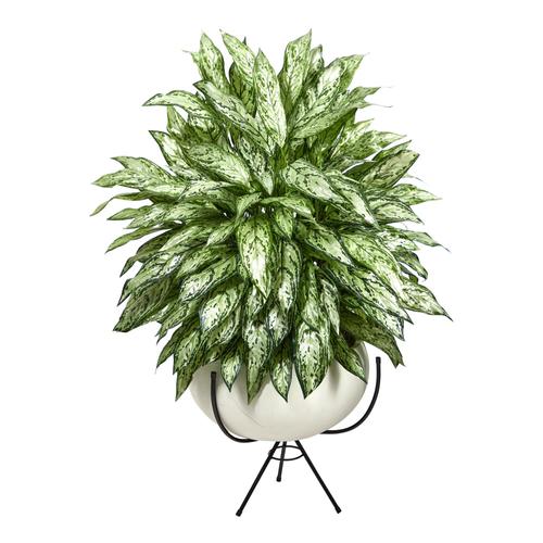 4'Silver Queen Artificial Plant in White Planter with Metal Stand