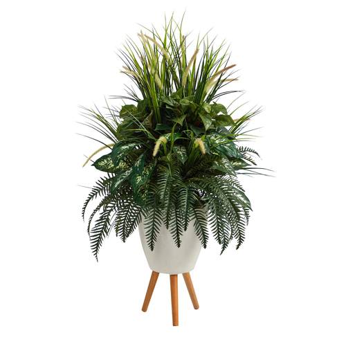 4.5'Mixed Greens Artificial Plant in White Planter with Legs