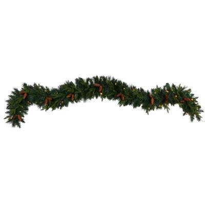 9' Mixed Pines and Pinecones Extra Wide Artificial Christmas Garland with 286 Bendable Branches and 70 Warm White LED Lights