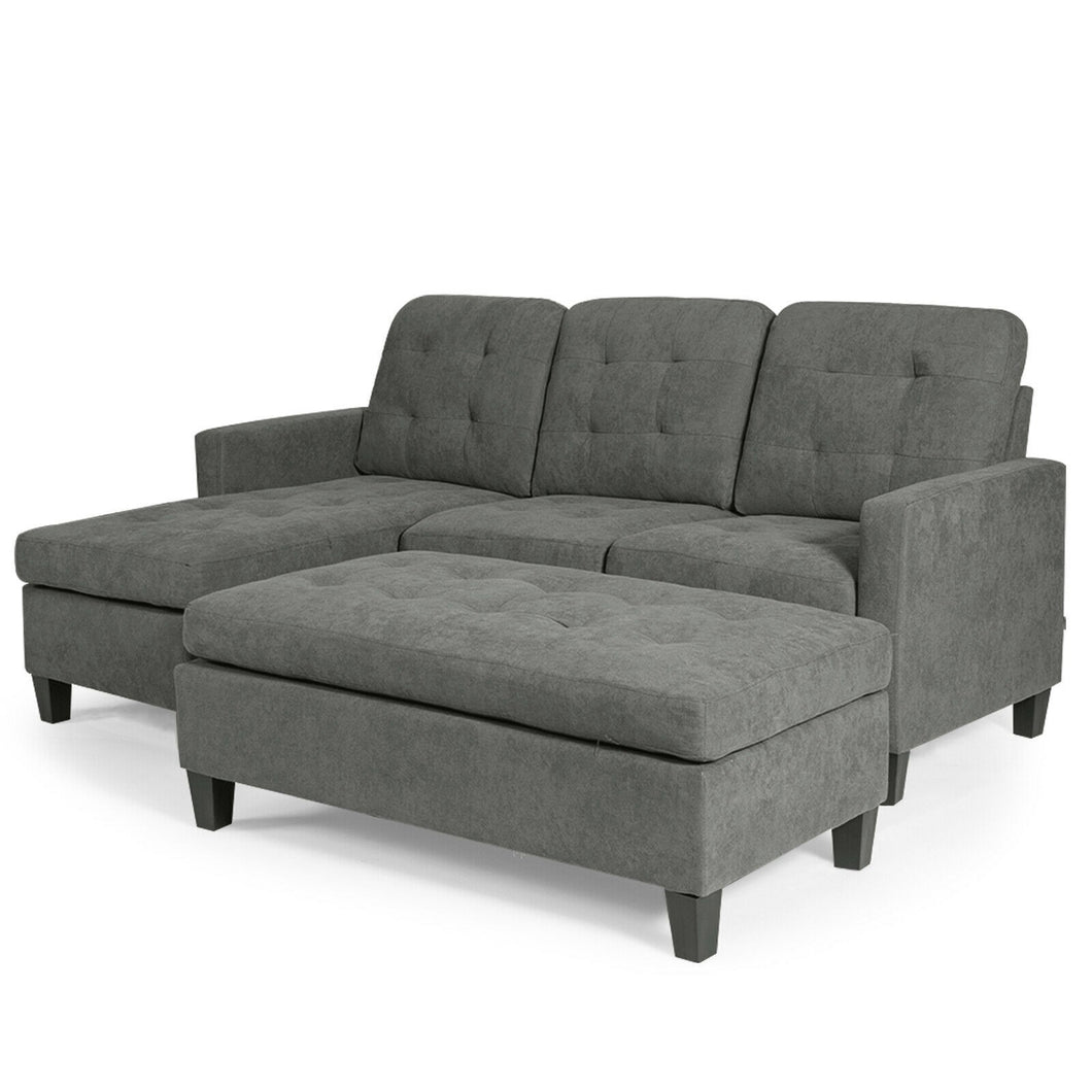 L-shaped Linen Reversible Sectional Sofa Couch with Ottoman-Gray