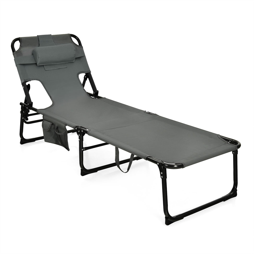 Folding Beach Lounge Chair with Pillow for Outdoor-Gray