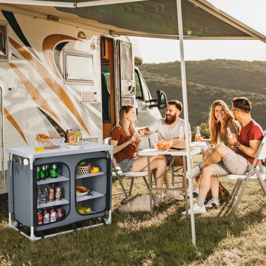 Portable Camping Kitchen Table with Storage Shelves-Gray