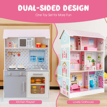 Load image into Gallery viewer, 2-In-1 Double Sided Kids Kitchen Playset and Dollhouse with Furniture
