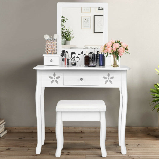 Vanity Modern Carved Table and Stool Set with Mirror 3 Drawers