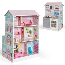 Load image into Gallery viewer, 2-In-1 Double Sided Kids Kitchen Playset and Dollhouse with Furniture
