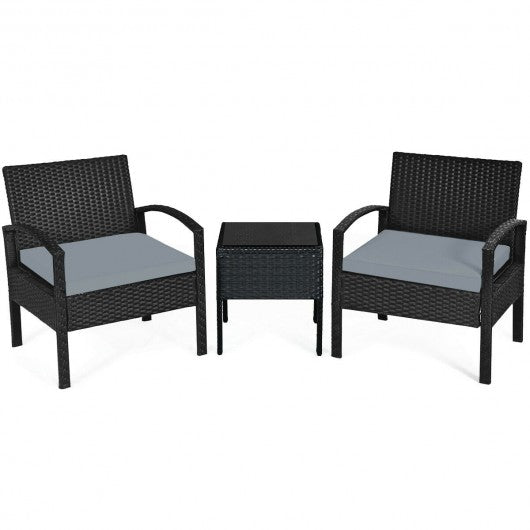 3 Pieces Outdoor Rattan Patio Conversation Set with Seat Cushions-Gray