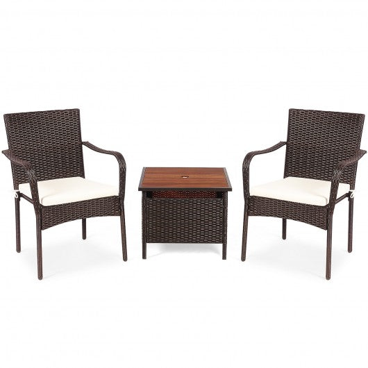 3 PCS Patio Rattan Furniture Bistro Set with Wood Side Table and Stackable Chair