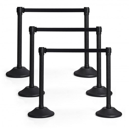 6 Pcs Stanchion Post Crowd Control Barriers Queue Pole w/Retractable Belt-Black