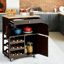 Load image into Gallery viewer, Kitchen Cart with Rubber Wood Top 3 Tier Wine Racks 2 Cabinets-Brown
