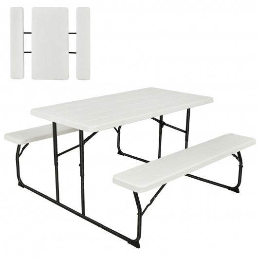 Indoor and Outdoor Folding Picnic Table Bench Set with Wood-like Texture-White