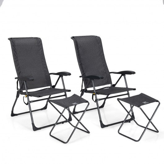 4 Pieches Patio Adjustable Back Folding Dining Chair Ottoman Set-Gray