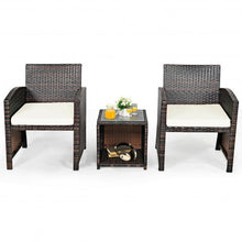 Load image into Gallery viewer, 3 Pieces PE Rattan Wicker Furniture Set with Cushion Sofa Coffee Table for Garden-White
