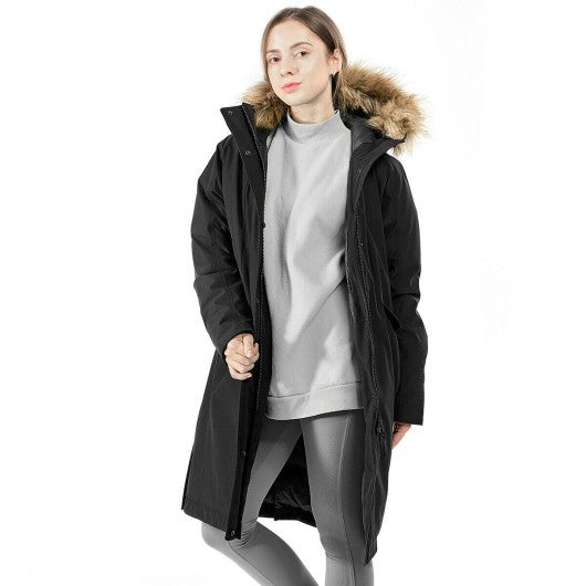 Women's Hooded Long Down Coat with Faux-fur Trim-Black-XL