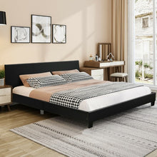 Load image into Gallery viewer, Queen Upholstered Platform Bed Frame with Linen Headboard Wood Slat-Black
