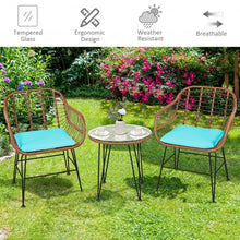 Load image into Gallery viewer, 3 Pcs Patio Rattan Bistro Set with Cushion-Turquoise
