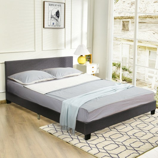 Queen Upholstered Platform Bed Frame with Linen Headboard Wood Slat-Gray