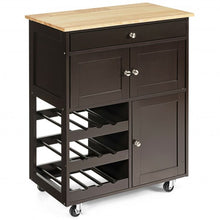 Load image into Gallery viewer, Kitchen Cart with Rubber Wood Top 3 Tier Wine Racks 2 Cabinets-Brown
