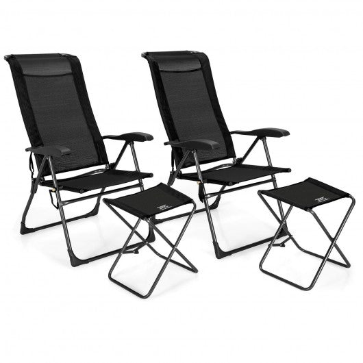 4 Pieches Patio Adjustable Back Folding Dining Chair Ottoman Set-Black