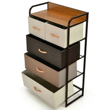 Load image into Gallery viewer, 4-Tier Organizer Tower Steel Frame Wooden Top Storage with 5-Drawer Dresser
