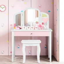 Load image into Gallery viewer, Kids Princess Make Up Dressing Table with Tri-folding Mirror &amp; Chair-White
