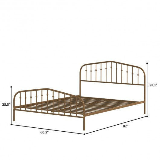 Queen Size Metal Bed Frame Steel Slat Platform-Brown