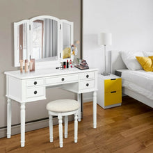 Load image into Gallery viewer, Tri-Fold Mirror Table Stool Wooden Vanity Make Up Dressing Set-White
