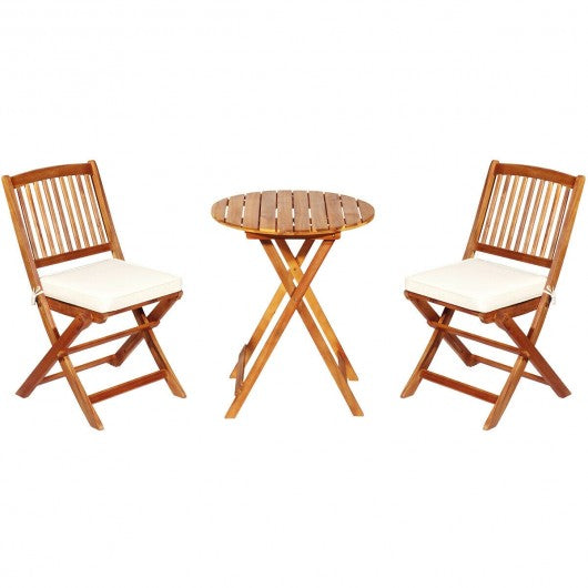 3PCS Patio Folding Wooden Bistro Set Cushioned Chair -White