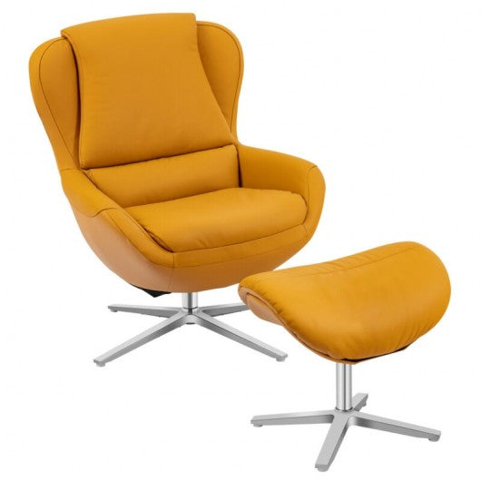 Swivel Top Grain Leather Lounge Armchair Rocking Chair with Ottoman-Yellow