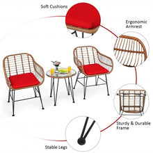 Load image into Gallery viewer, 3 Pcs Patio Rattan Bistro Set with Cushion-Red
