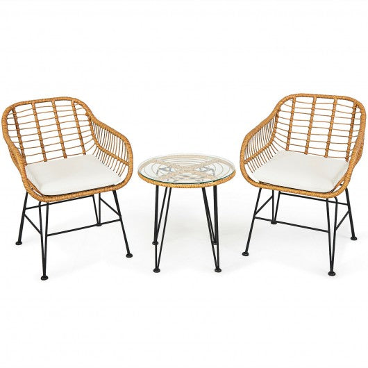 3Pcs Rattan Furniture Set with Cushioned Chair Table-White